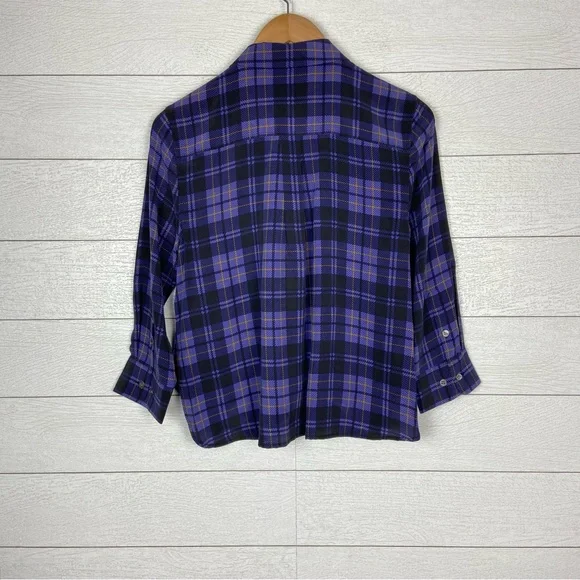 EQUIPMENT FEMME Silk Purple Plaid Crop Signature Button Up Shirt Small Cropped - Picture 5 of 5